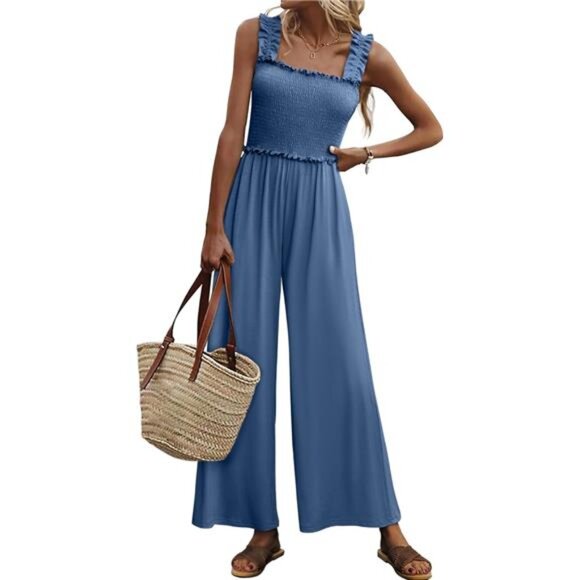 Women's Smocked Jumpsuits Casual Loose Sleeveless Wide Leg Long Pant Rompers